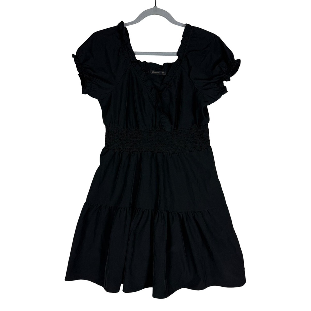 HESPERUS Dress Womens L Black Puff Sleeve V‎ Neck Smocked Waist Fit & Flare
